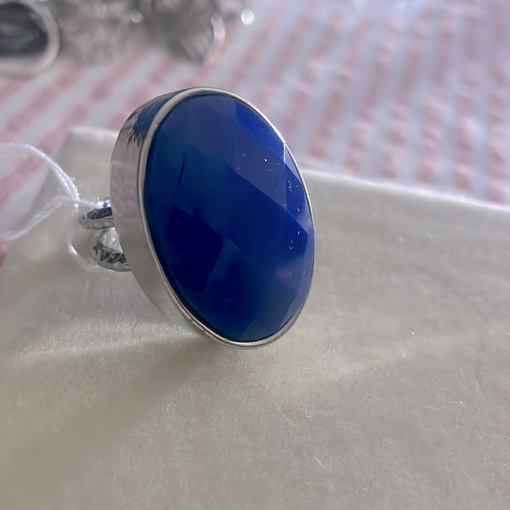Huge blue stone silver tone ring